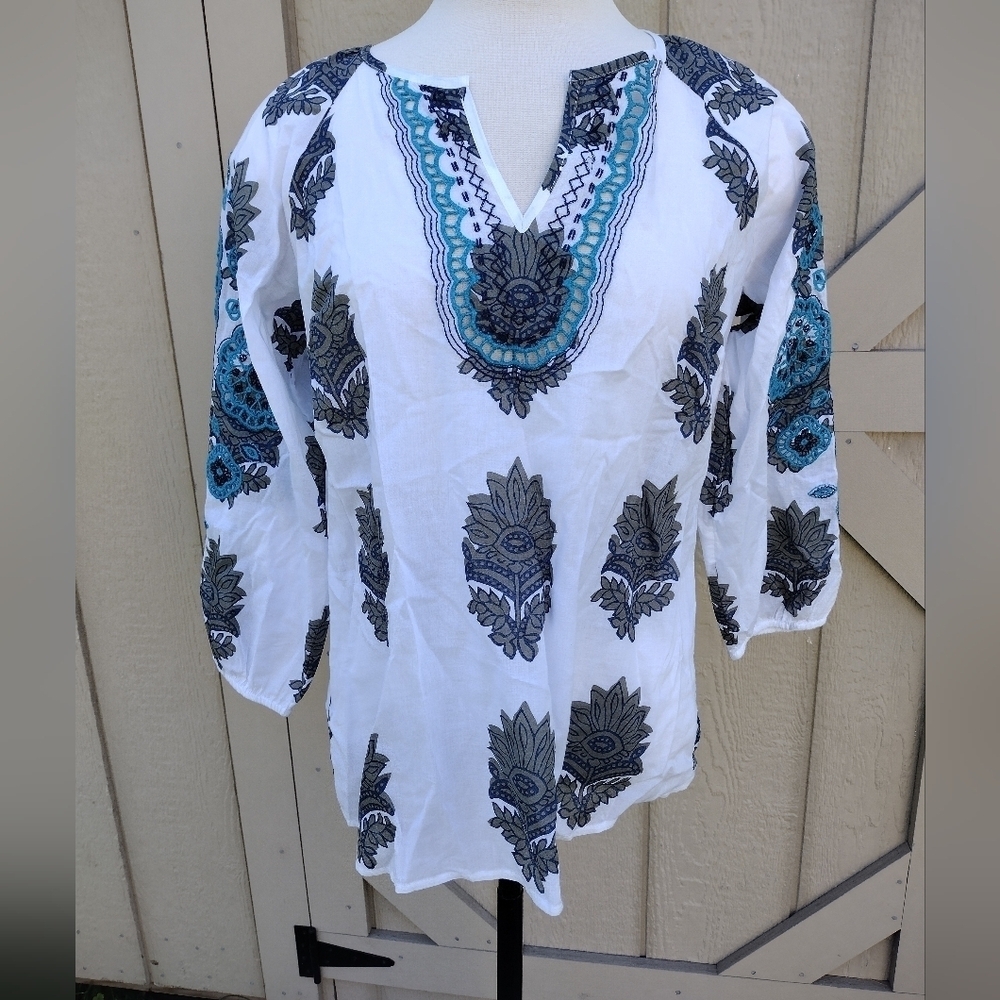 Talbots Top Womens Small Embroidered Floral Sleeves Boho Peasant Flowy Vacation